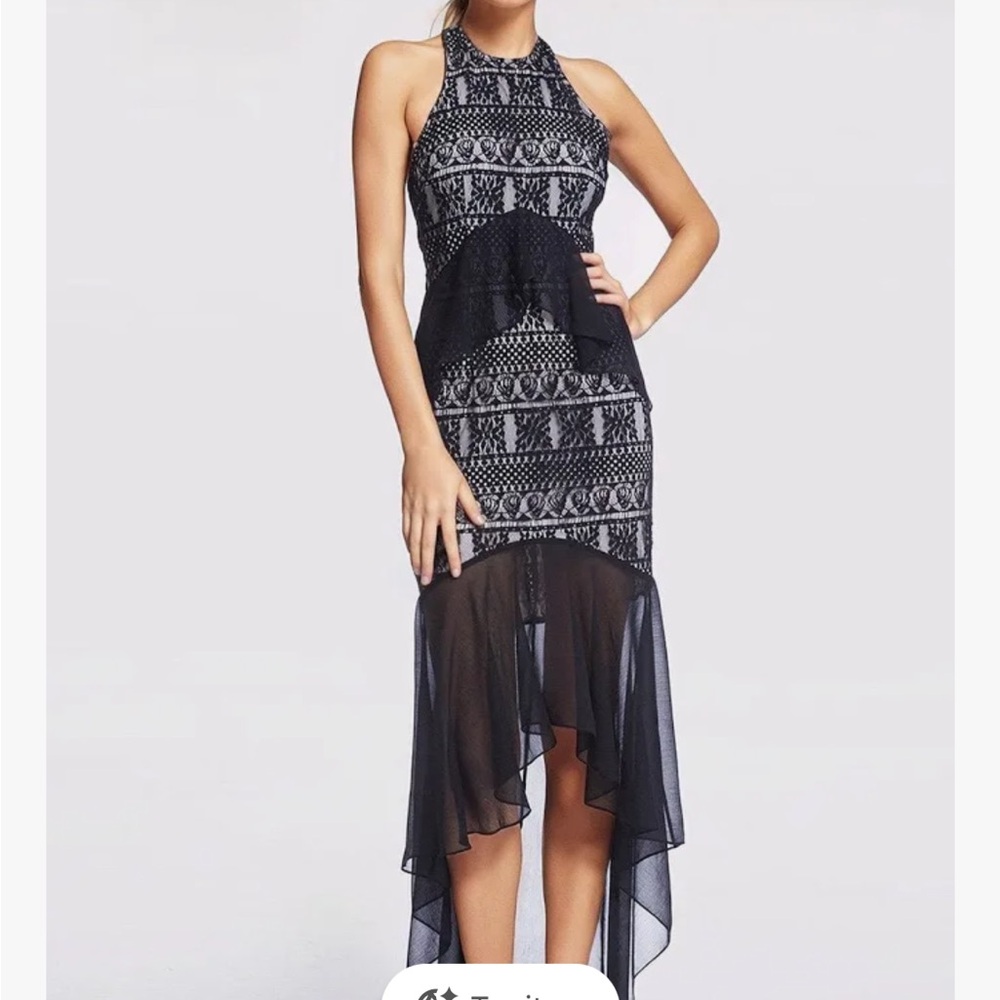 Stunning Black and White High-Low Halter Dress with Beautiful Lace Detail